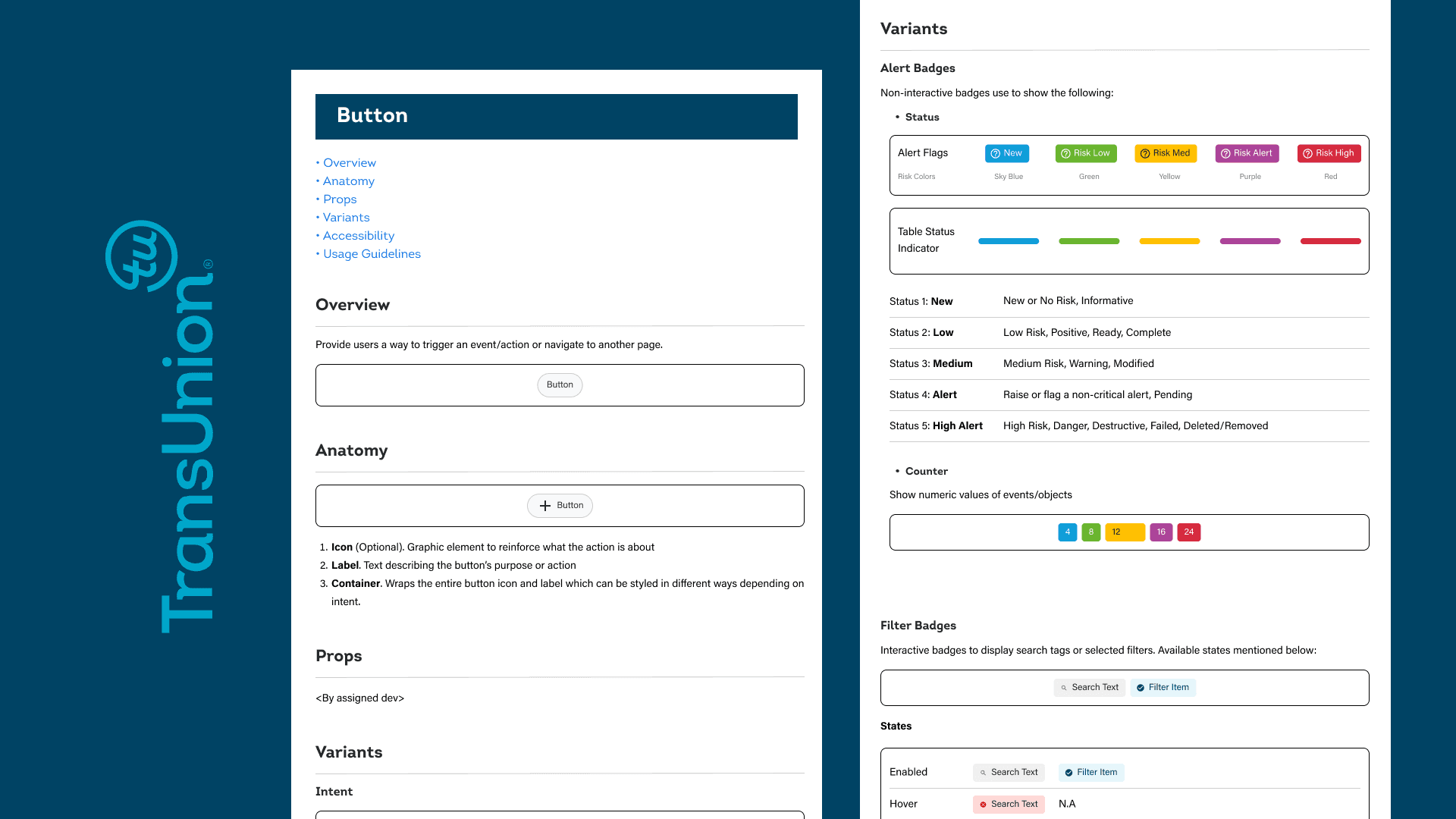 Button component documentation, including overview, anatomy, props, and variants