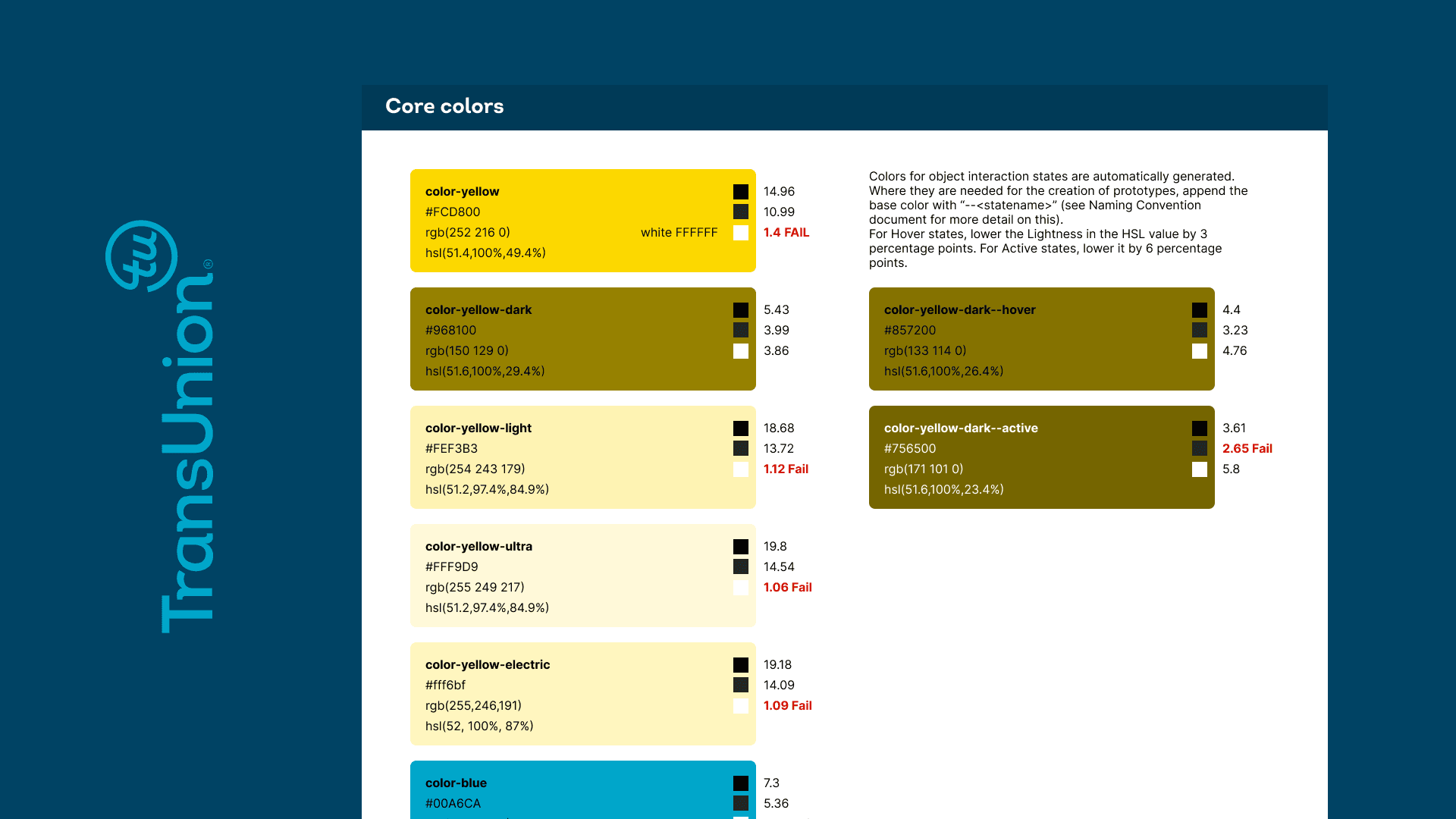 Core color palette with contrast ratios for hover and active states